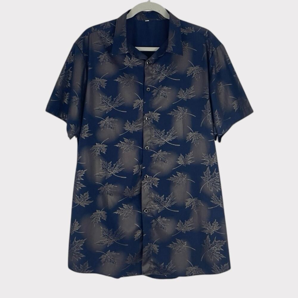 💙3 for $15 Mens Navy Blue & Gold Foil Fall Leaf Short Sleeve Button Down Shirt